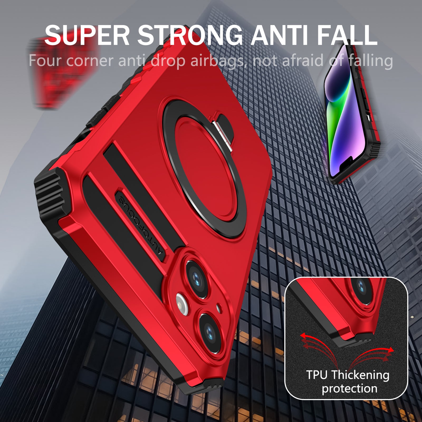 Anti-Drop Phone Cover for iPhone 14 Kickstand Case Compatible with MagSafe Charger TPU+PC Phone Case - Red Anti-Drop Phone Cover for iPhone 14 Kickstand Case Compatible with MagSafe Charger TPU+PC Phone Case - Red